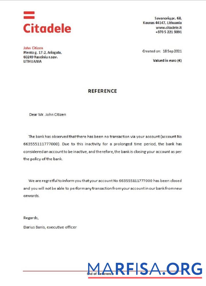 Realistic Lithuania Citadele bank closure reference sample